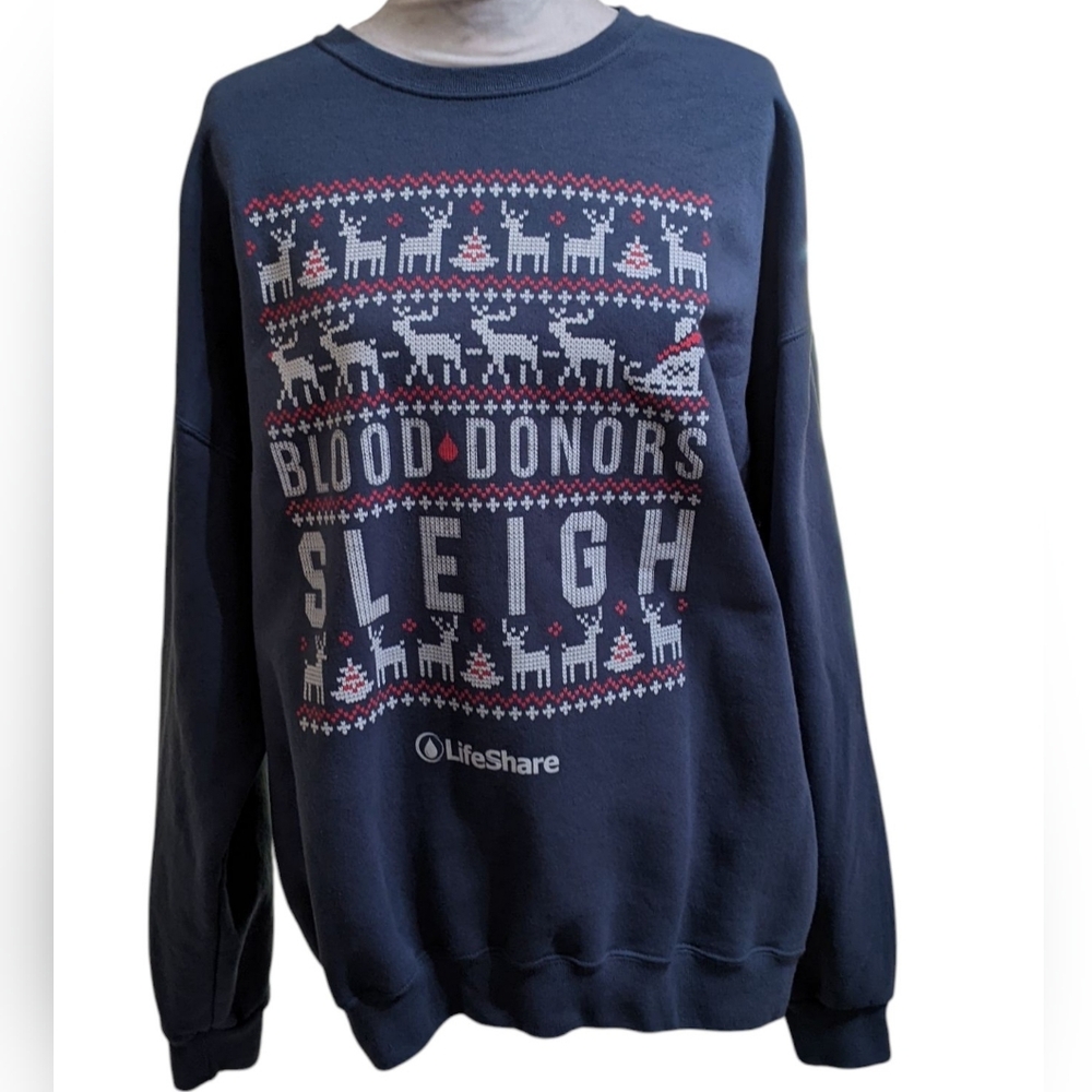 JERZEES Steel Gray Holiday Crewneck Sweatshirt Blood Donor XL